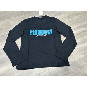 NWT Fiorucci Black Long Sleeve V-Neck Graphic T-Shirt Big‎ Logo Size Large